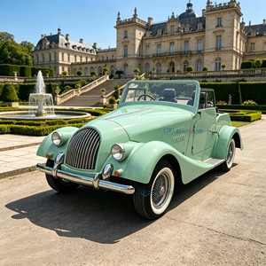 Coche eléctrico vintage verde claro personalizado con batería de litio, tracción trasera, homologado para circular por carretera, ideal para fotografía de bodas, viajes a complejos turísticos. - Product Image 1