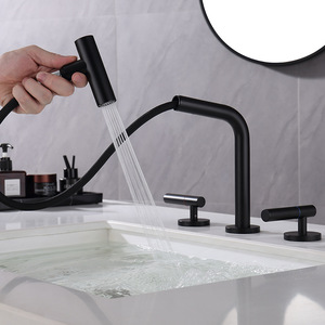 Widespread Basin Faucet 3 Hole Deck <b>Mounted</b> Dual Handle Pull Out <b>Spray</b> Ceramic Valve Core - Product Image 2