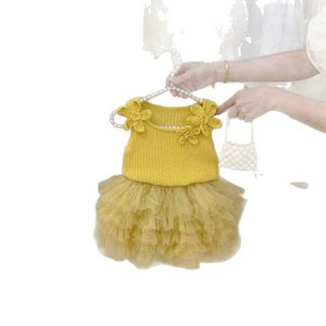 Girls Summer Lemon Yellow Floral Knitted Vest With Tulle Skirt Set Cotton Thin Two Piece Clothing - Product Image 5
