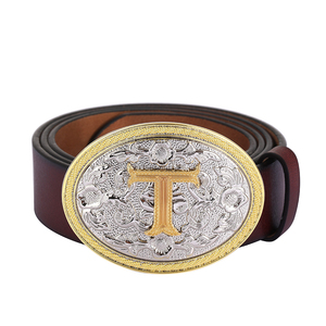 Ceinture en cuir Western bicolore pour homme avec initiale L, boucle ovale gravée à motif floral, sangle en PU marron, style Cowboy Rodeo - Product Image 4