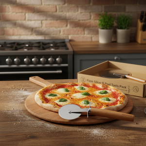 Pizza Cutter con manico in legno in metallo affettatrice per Pizza e strumenti di buccia confezionati in scatola - Product Image 2