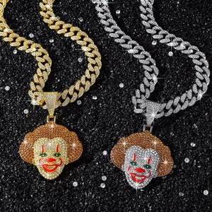 Hip-Hop Herren Luxus Vergoldeter Strass-Legierungs-Clown-Gesichtsanhänger mit Prong Cuban Halskette Icy Bling Schmuck - Product Image 3
