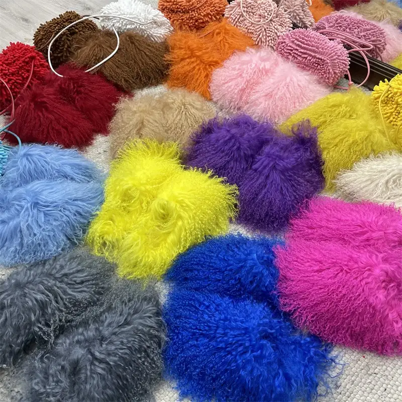 Hot Sale Winter Artificial Fur Wool Pearls Warm house mule furry slide sandals for woman Mongolian Plush Thermal slippers