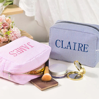 Pochette de toilette de voyage en seersucker personnalisable en gros, sac de maquillage de plage, trousse à cosmétiques rayée
