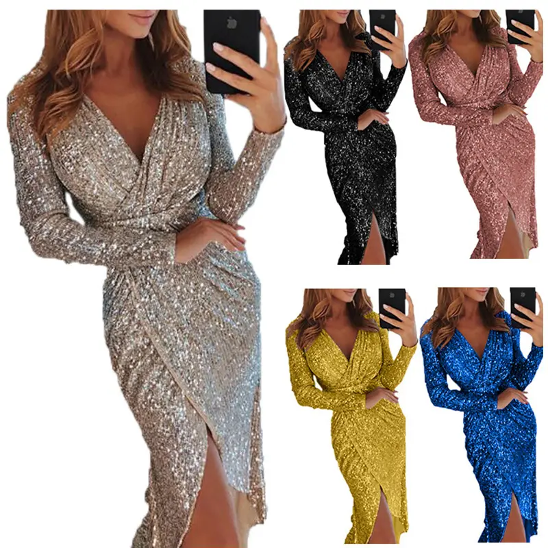 Women Midi Dress Long Sleeve Bodycon Sexy Deep V Neck Crystal Bodycon Outfits Slim Party Ladies Dinner Dresses