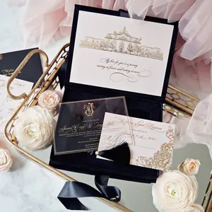 Wholesale black elegant boxes-New Arrival Black Velvet Elegant Decoration Bridesmaid Acrylic Invitation Gift Box Cardboard Luxury Wedding Invitation Box