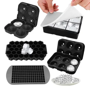 Moldes de hielo cuadrados reutilizables personalizados, esferas de whisky, bola redonda, cubo de hielo de silicona Flexible, bandeja con tapa, venta al por mayor