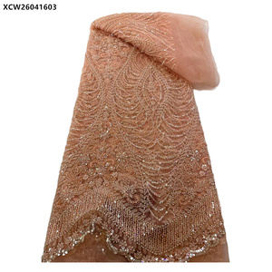 Tessuto di pizzo di Tulle con strass di cristallo con ricamo di paillettes con perline di lusso in oro - Product Image 5