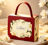 Boîte cadeau rigide portable entièrement personnalisée, écologique, à motif floral, avec fenêtre, cadre rouge, logo personnalisé et impression du plateau intérieur