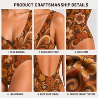 Traje de Baño Entero Retro Floral Marrón de Marca Privada con Relleno Removible Inalámbrico, Espalda Descubierta y Corte Alto, Venta al por Mayor, MOQ Bajo, Directo de Fábrica