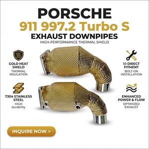 ท่อลงสแตนเลส 304 ขัดเงาสีทอง Vortex พร้อมแผ่นกันความร้อนสำหรับ Porsche 911 997.2 Turbo S ชุดอุปกรณ์ป้องกันความร้อน - Product Image 1
