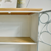 Buffet de cuisine rustique personnalisé style ferme, blanc, avec dessus en bois et métal, armoire de rangement avec porte vitrée, pour salon, entrée, bar à domicile, salle à manger