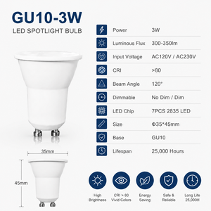 หลอดไฟ LED GU10 3W AC230V แบบสปอตไลท์ โครงสร้างอะลูมิเนียม+พลาสติก ปรับความสว่างได้ เหมาะสำหรับใช้ในโรงแรม - Product Image 1