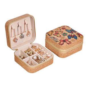 Boîte à bijoux vintage en liège portable, durable et légère, avec fermeture éclair, forme carrée de 2 pouces, pour ranger boucles d'oreilles, colliers et bagues - Product Image 1