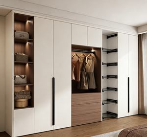 Armoire de chambre à coucher élégante en blanc et en bois avec étagère de rangement coulissante |   Étagère éclairée par LED et poignée longue minimaliste - Product Image 4