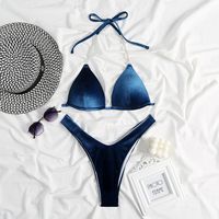 Nouveau maillot de bain taille haute en velours doré européen et américain couleur pure femme sens Triangle string fendu String Bikini