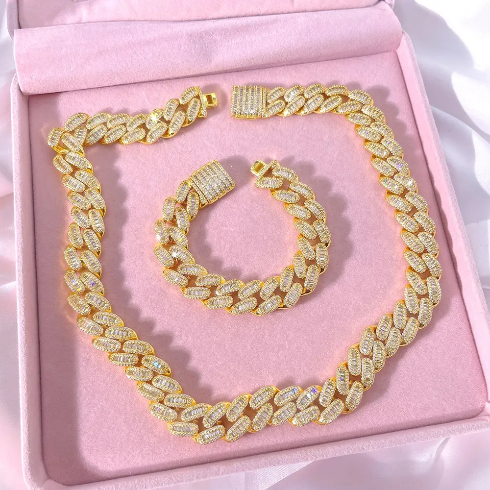 hip hop cuban link chain full baguette cz 18k gold plated cuban link chain bracelets