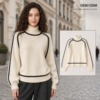 Pull en maille surdimensionné à col montant personnalisé avec logo pour femme, automne-hiver, manches longues, passepoil contrastant, vente en gros