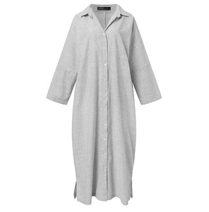 HANO vendita calda <span class=keywords><strong>abito</strong></span> di cotone <span class=keywords><strong>lino</strong></span> <span class=keywords><strong>a</strong></span> <span class=keywords><strong>righe</strong></span> larghe camicia estiva <span class=keywords><strong>abito</strong></span> taglie forti Maxi abiti da donna - Product Image 5