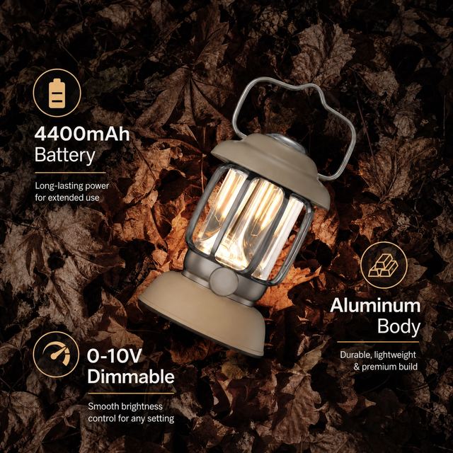 Retro Glamping Style Aluminum Camping Lantern 4400mAh Rechargeable Battery Waterproof Dual LED Light Sources Type C Garden Use