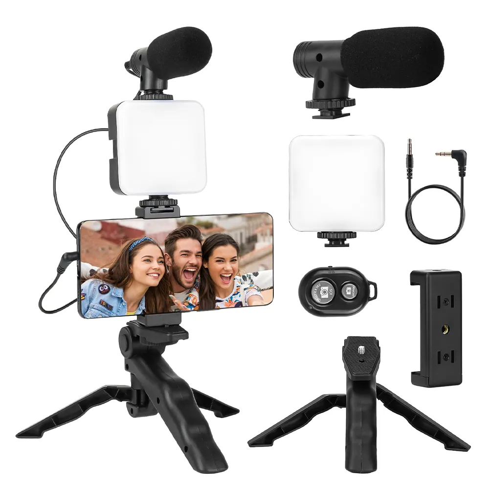 Kit de fabricación de trípode de vídeo Vlog para teléfono inteligente AY 49 LED con plataforma de agarre micrófono luz LED Kit de luz de relleno de teléfono Remoto Portátil