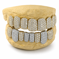 Grillz bicolores sertis de pierres, jaune et argent, ensemble complet supérieur et inférieur, bijoux sur mesure pour hommes et femmes