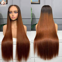 Peluca de Cabello Humano Virgen Vietnamita con Cutícula Alineada, Liso Extremo, Color Marrón Jengibre, Sin Pegamento, con Cierre Frontal de Encaje HD 5x5 SDD