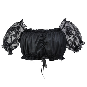 <b>Off</b> <b>The</b> <b>Shoulder</b> Chiffon Crop <b>Top</b> With Lace Puff Sleeves Plus Size Women's Blouse <b>White</b> Black - Product Image 5
