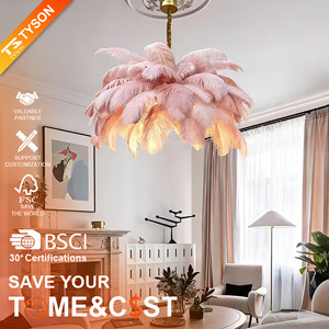 Lustre moderne en plumes d'autruche naturelles pour salon, chambre à coucher, décoration intérieure, lampe suspendue LED au plafond - Product Image 1