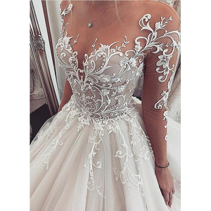 Abito <span class=keywords><strong>da</strong></span> sposa principessa illusion maniche lunghe in pizzo applique abito <span class=keywords><strong>da</strong></span> ballo per sposa matrimonio su misura - Product Image 1