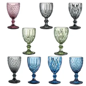 8OZ Glassware Glass Cup copas de cristal color Colored Vintage Embossed Water And Grey Goblet Wine Glass