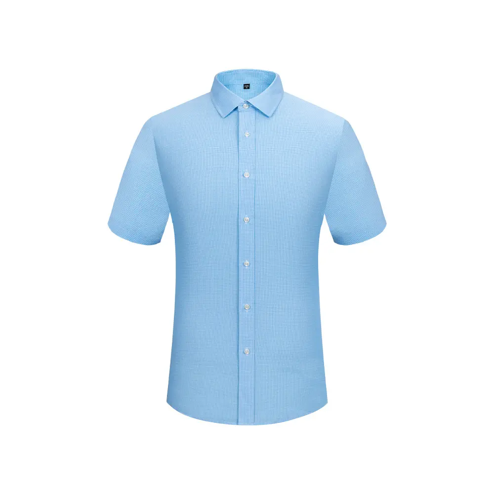 Ready to Ship 100% Cotton Men's Light Blue Mini Plaid Shirts Short Sleeve DP Non Iron Custom Dress Shirts For Men