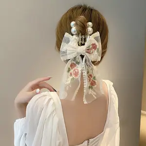 Accessoires élégants pour femmes, dentelle fleur perles nœud grand clip doux 10 cm papillon broderie pince à cheveux pince à cheveux avec longue queue
