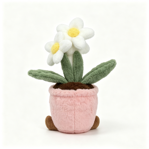 Plante en peluche personnalisée, charmante et dynamique, avec pot rose et fleur violette, feuilles vertes et visage brodé. - Product Image 3
