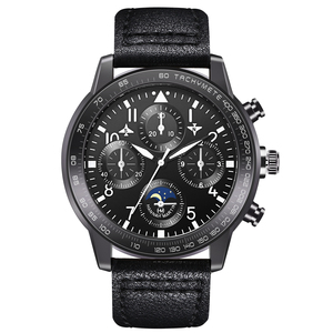 Montre chronographe de style pilote pour homme, lunette tachymètre, phase de lune, bracelet en cuir noir - Product Image 1