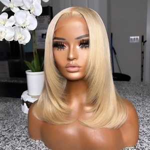 Perruque Bob Courte Blonde Pas Chère, Cheveux Humains Vierges Naturels, <span class=keywords><strong>Dentelle</strong></span> Transparente, Lisse, Couleur Blonde 613, Coupe Dégradée, Perruque Lace Front - Product Image 1