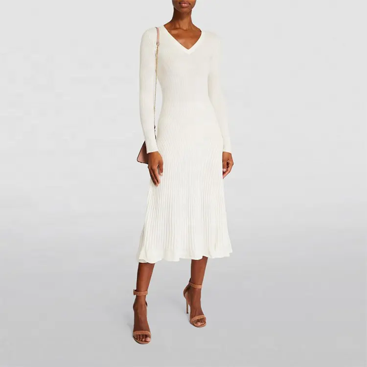 Fabricantes de prendas de punto mezcla de lana blanca personalizada elegante casual nuevo diseño vestidos ropa de moda 2023 mujeres suéter de punto vestido