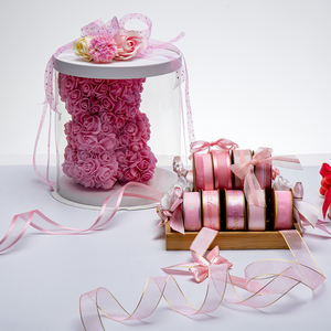 Cinta de organza Ribest al por mayor de 10-25 mm, rosa, de poliéster, de lujo, ecológica, con borde satinado estampado de una sola cara, para bodas - Product Image 1
