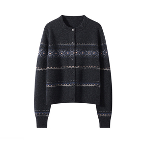 <span class=keywords><strong>Cardigan</strong></span> in Cashmere e <span class=keywords><strong>Lana</strong></span> con Motivo Jacquard Fair Isle, Collo Tondo, Nuovo Colore Autunno-Inverno 2025 per Donna - Product Image 1