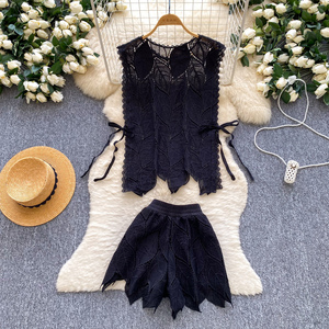Conjunto elegante de verano de 2 piezas para <span class=keywords><strong>mujer</strong></span>, top y traje corto de encaje ajustado, ropa al por mayor - Product Image 4