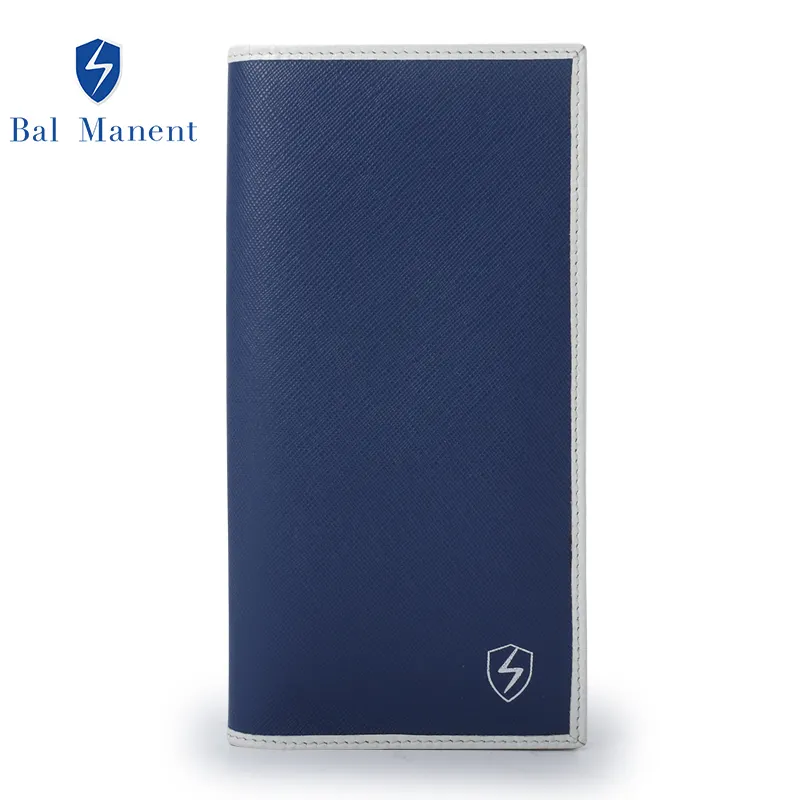 Billetera larga de cuero para hombre, billetera masculina de cuero azul de alta calidad con logotipo personalizado