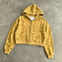 Produsen Pakaian Ouna, Hoodie Custom Streetwear Pria Bahan Katun Tebal Ukuran Besar, Hoodie Zip Up Motif Leopard Unisex