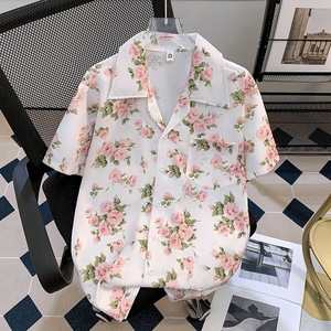 Soutien personnalisation d'un article <span class=keywords><strong>Chemise</strong></span> à manches courtes d'été à la mode décontractée pour hommes <span class=keywords><strong>Chemise</strong></span> de couple à imprimé floral tendance et cool - Product Image 2