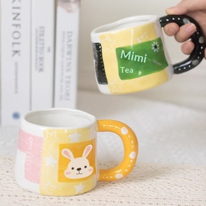 Tazza da Caffè Domestica in Stile Ins, Creativa, Dipinta a Mano, con Design a Blocchi di Colore, Grande Capacità, Motivo Coniglio, Stelle e Fiori - Product Image 3