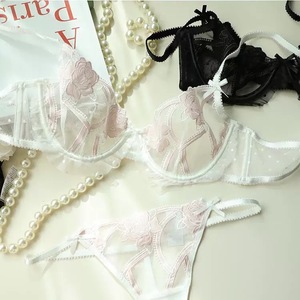 Conjunto de lencería sexy de talla grande con bordado de encaje de 2 piezas (sujetador y bragas) para mujer, conjunto de lencería transparente de malla al por mayor - Product Image 5