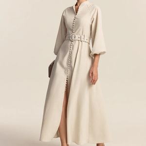 Robe longue personnalisée en coton et lin avec ceinture et boutons sur le devant, idéale pour les vacances ou les occasions formelles pour femmes - Product Image 1