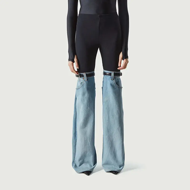 LE1078 celana Denim lurus wanita, bawahan desain kepribadian sambungan pinggang tinggi baru musim semi