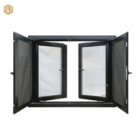 Fenêtre à double battant moderne en aluminium noir avec moustiquaire extérieure intégrée et vitrage clair à l'intérieur