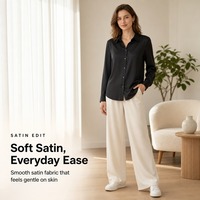 Chemisier en satin à manches longues pour femme, col rond, coupe ajustée, brillant et soyeux, idéal pour le bureau, les affaires, les trajets quotidiens, tenue décontractée ou formelle d'automne