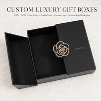 Boîte cadeau haut de gamme personnalisée à double porte pliante, noir mat, avec motif artistique en or rose et fermeture magnétique, pour emballage de bijoux de mariage
